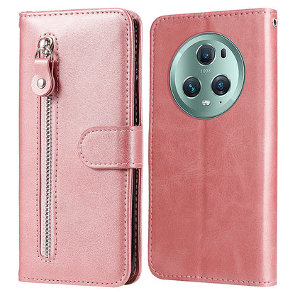 Wallet Phone Cover for Honor Magic5 Pro PU Leather Case Zipper Pocket Calf Texture Stand Shell
