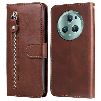 Wallet Phone Cover for Honor Magic5 Pro PU Leather Case Zipper Pocket Calf Texture Stand Shell