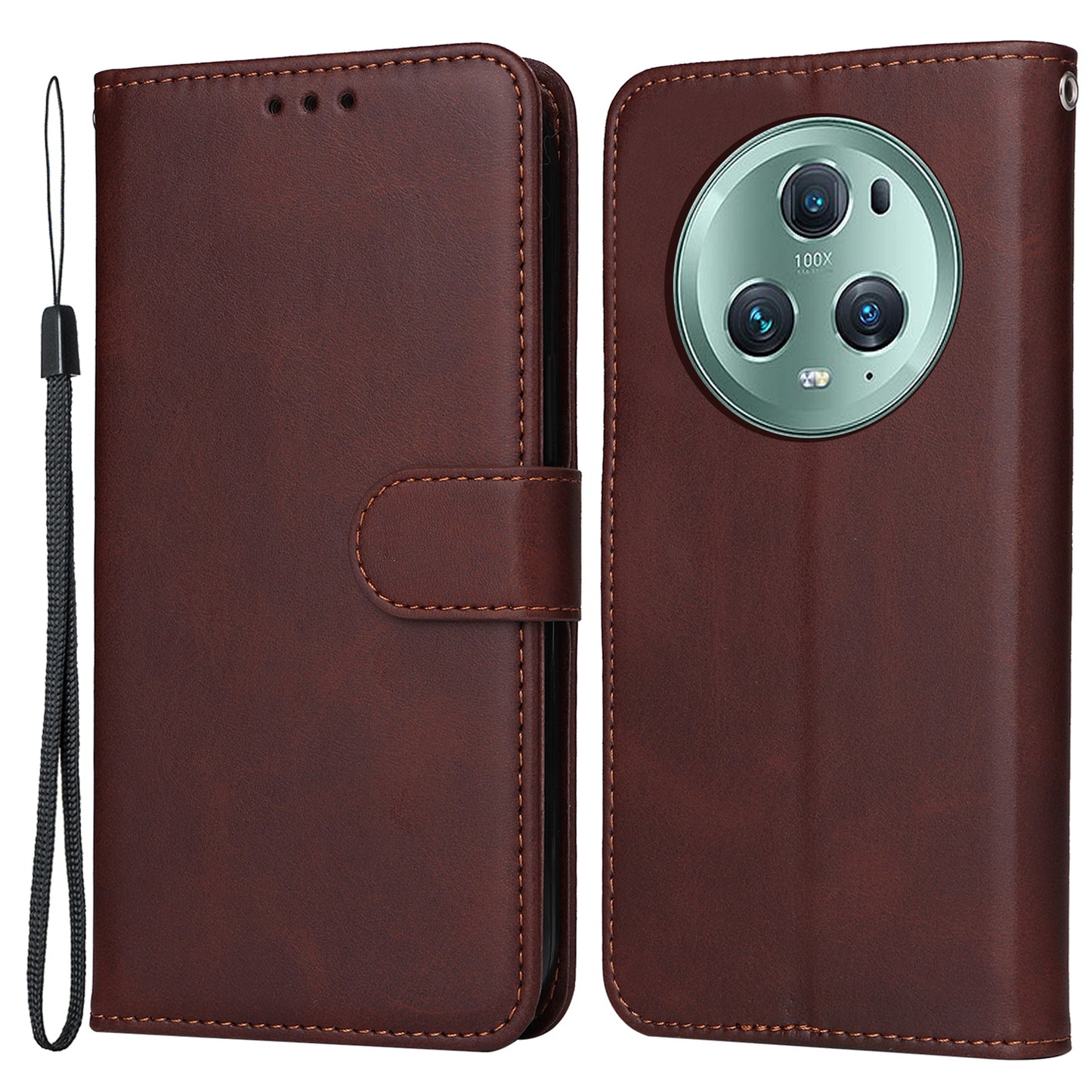 For Honor Magic5 Pro Calf Texture Phone Shell Stand Phone Case Leather Phone Cover with Strap