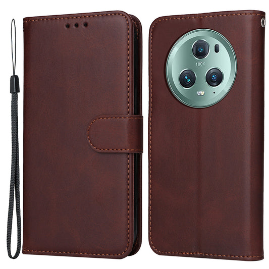 For Honor Magic5 Pro Calf Texture Phone Shell Stand Phone Case Leather Phone Cover with Strap