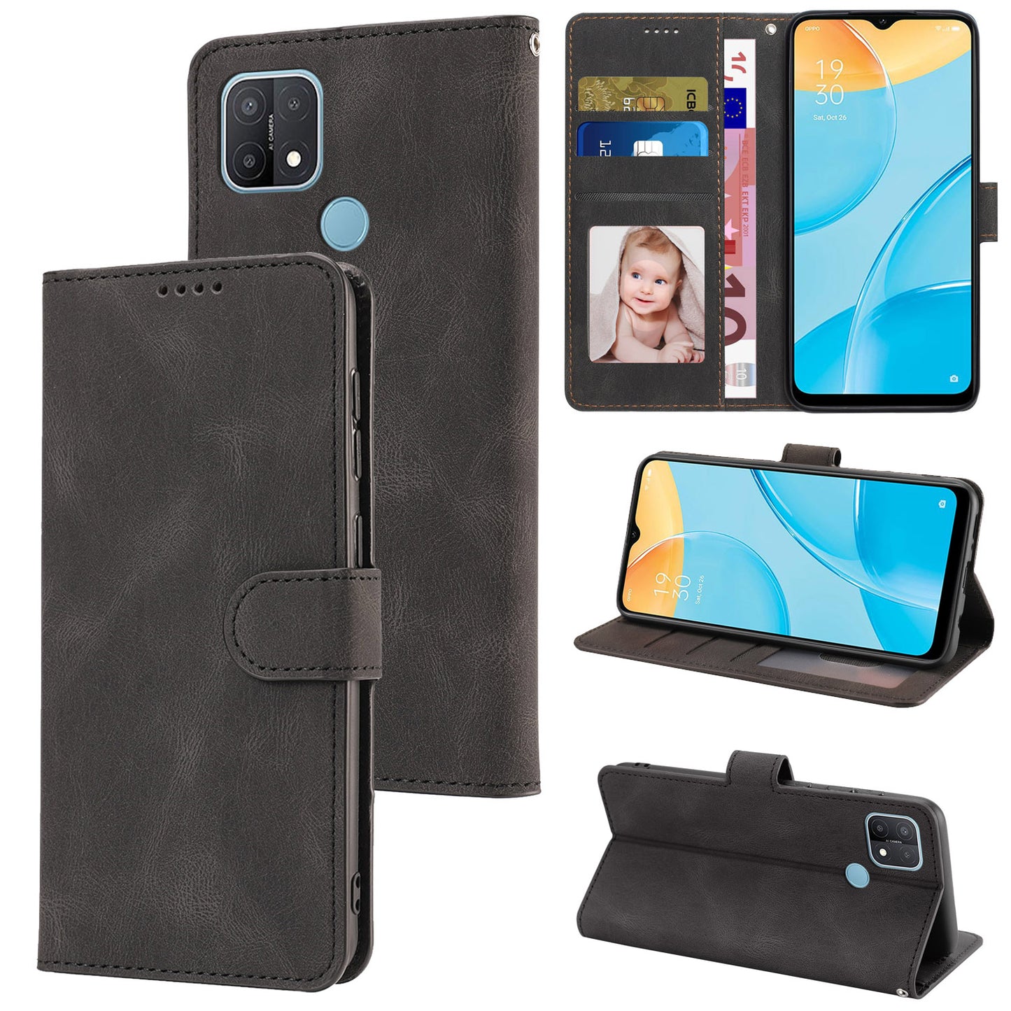 For Oppo A15s / A15 / A35 PU Leather Wallet Case Viewing Stand Magnetic Flip Phone Cover with Strap