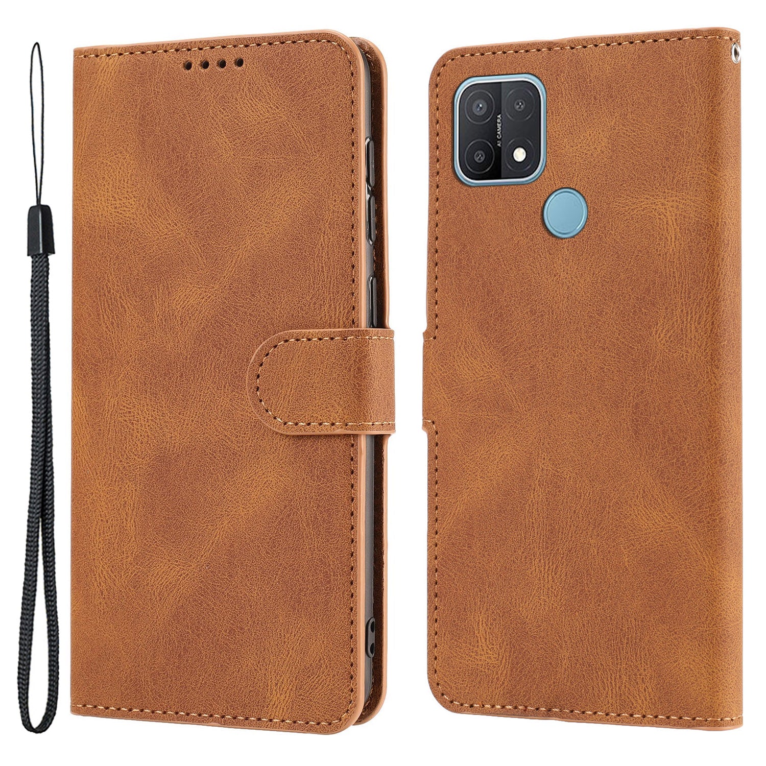 For Oppo A15s / A15 / A35 PU Leather Wallet Case Viewing Stand Magnetic Flip Phone Cover with Strap