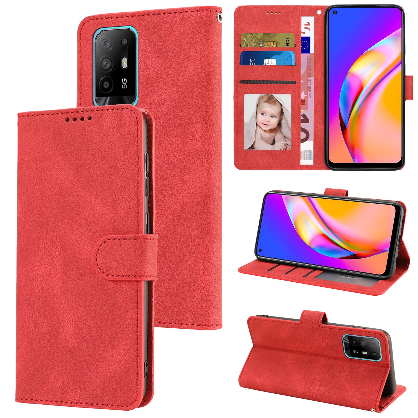 For Oppo A94 5G / Reno5 Z / F19 Pro+ 5G Phone Case PU Leather Wallet Stand Flip Cover with Strap
