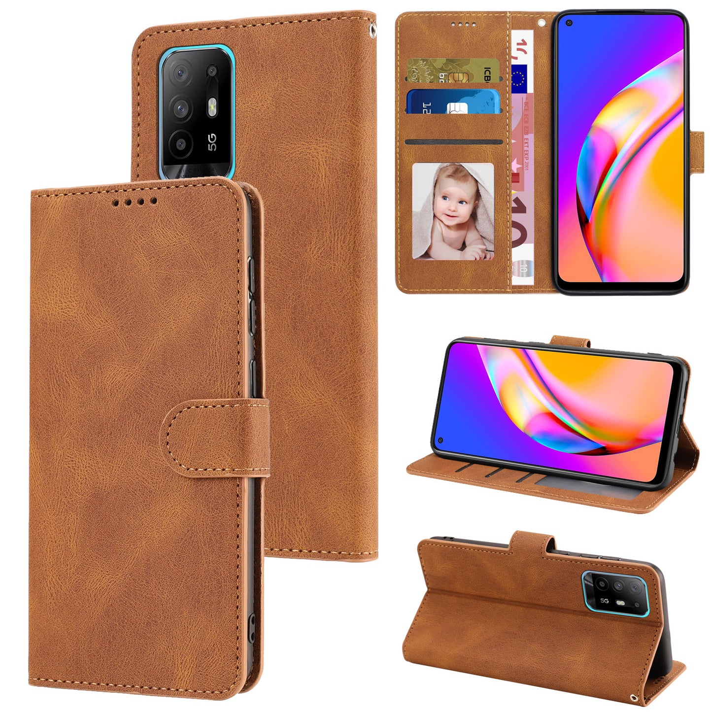 For Oppo A94 5G / Reno5 Z / F19 Pro+ 5G Phone Case PU Leather Wallet Stand Flip Cover with Strap