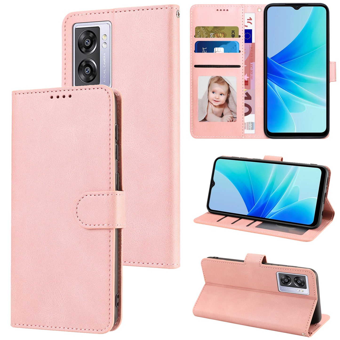 Leather Phone Case for Oppo A57 (2022) 5G / A77 5G / A97 5G / Realme Q5i / V23 5G / Narzo 50 5G / OnePlus Nord N300 5G , Wallet Stand Flip Cover