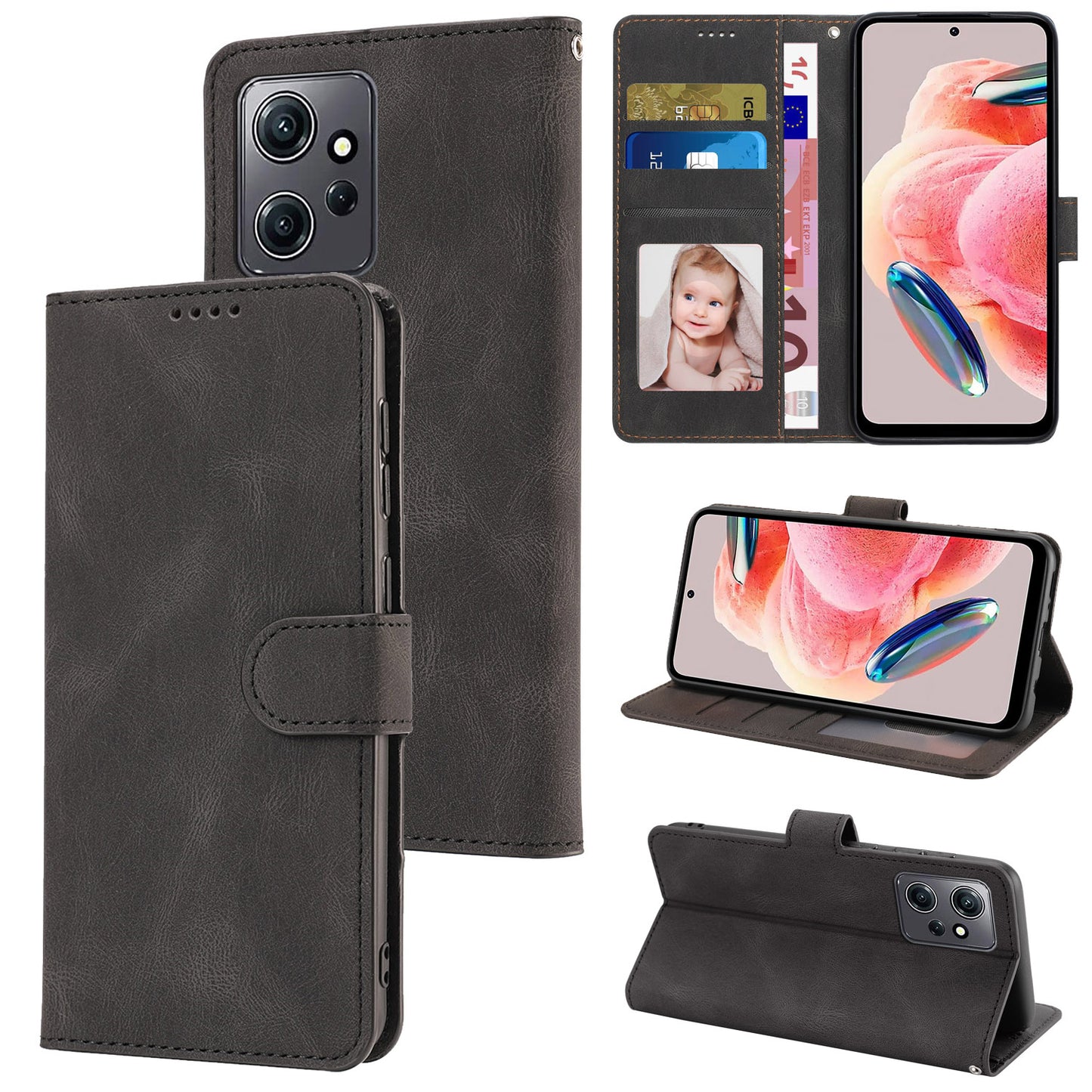 For Xiaomi Redmi Note 12 4G PU Leather Folio Flip Cover Magnetic Closure Wallet Stand Phone Case