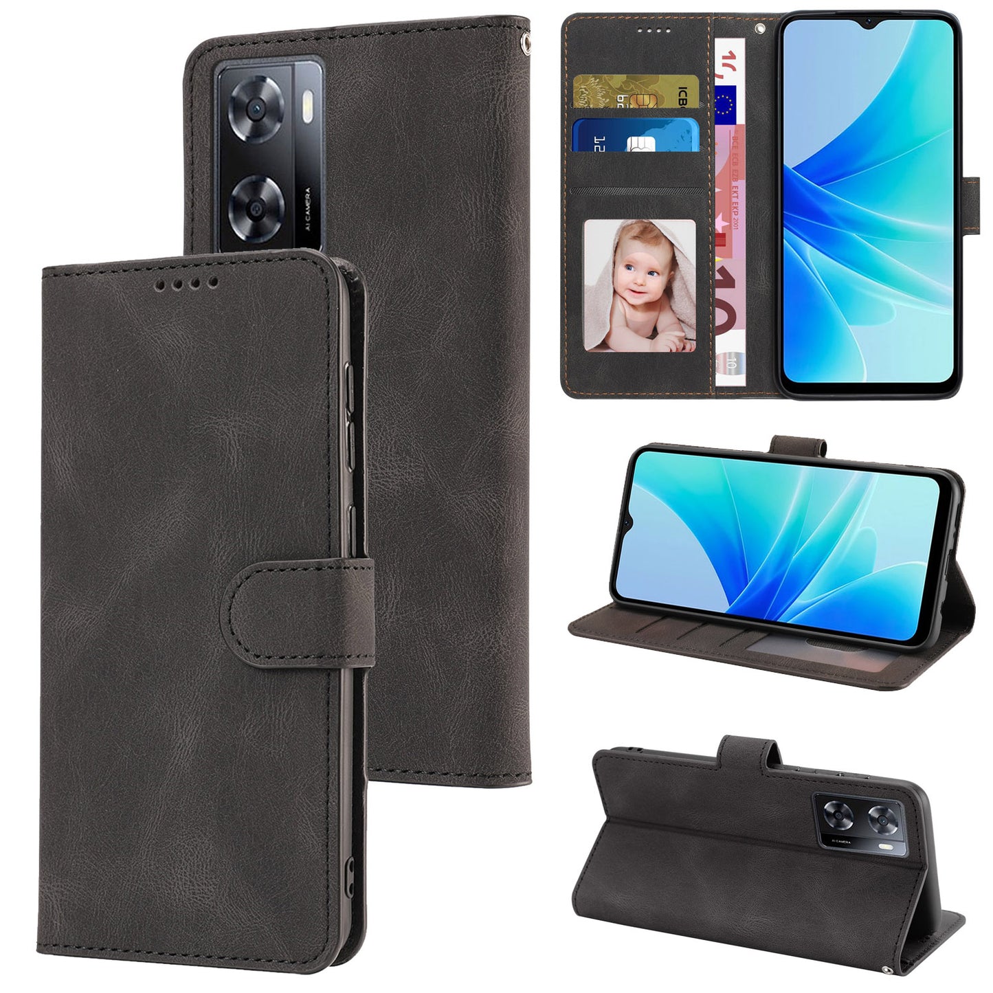 PU Leather Case for Oppo A57 4G / A77 4G / A57s 4G / A57e 4G / A77s 4G / OnePlus Nord N20 SE 4G , Wallet Stand Flip Phone Cover