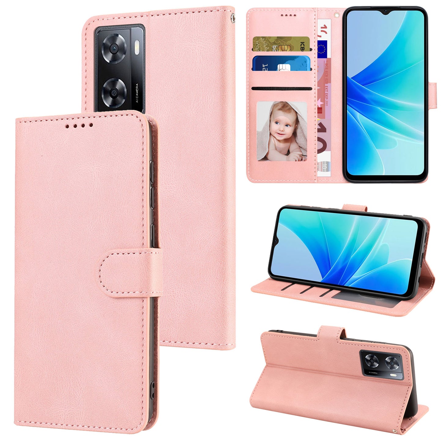 PU Leather Case for Oppo A57 4G / A77 4G / A57s 4G / A57e 4G / A77s 4G / OnePlus Nord N20 SE 4G , Wallet Stand Flip Phone Cover