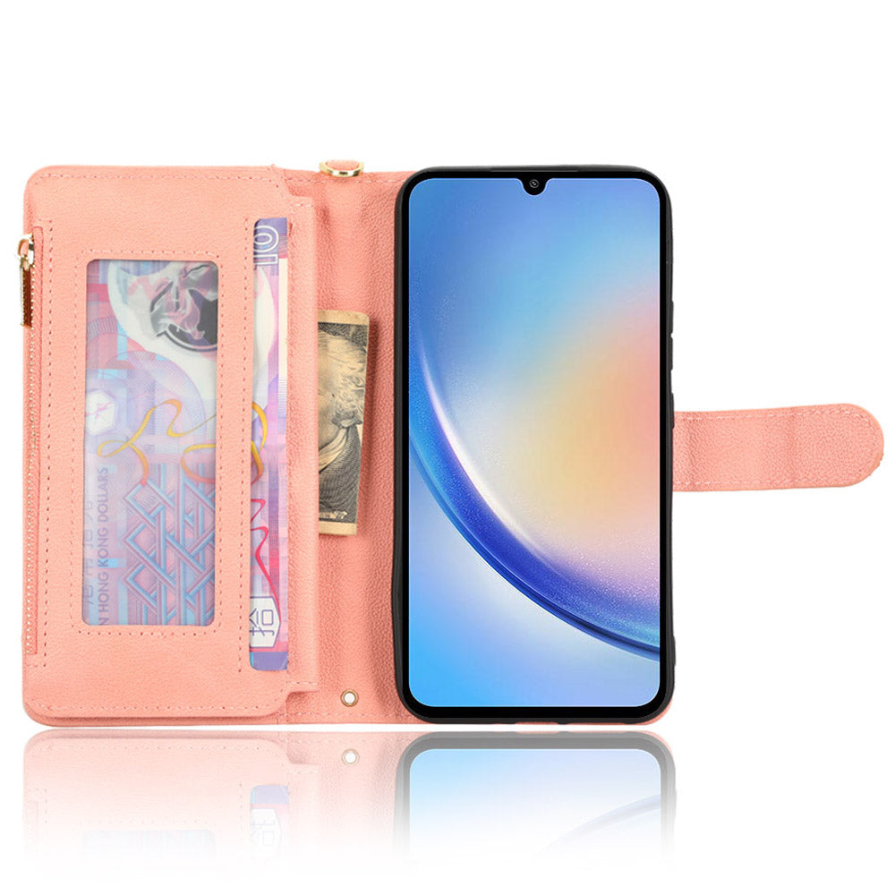 For Samsung Galaxy A34 5G Zipper Pocket Phone Wallet Case Cellphone Cover with 2 Straps