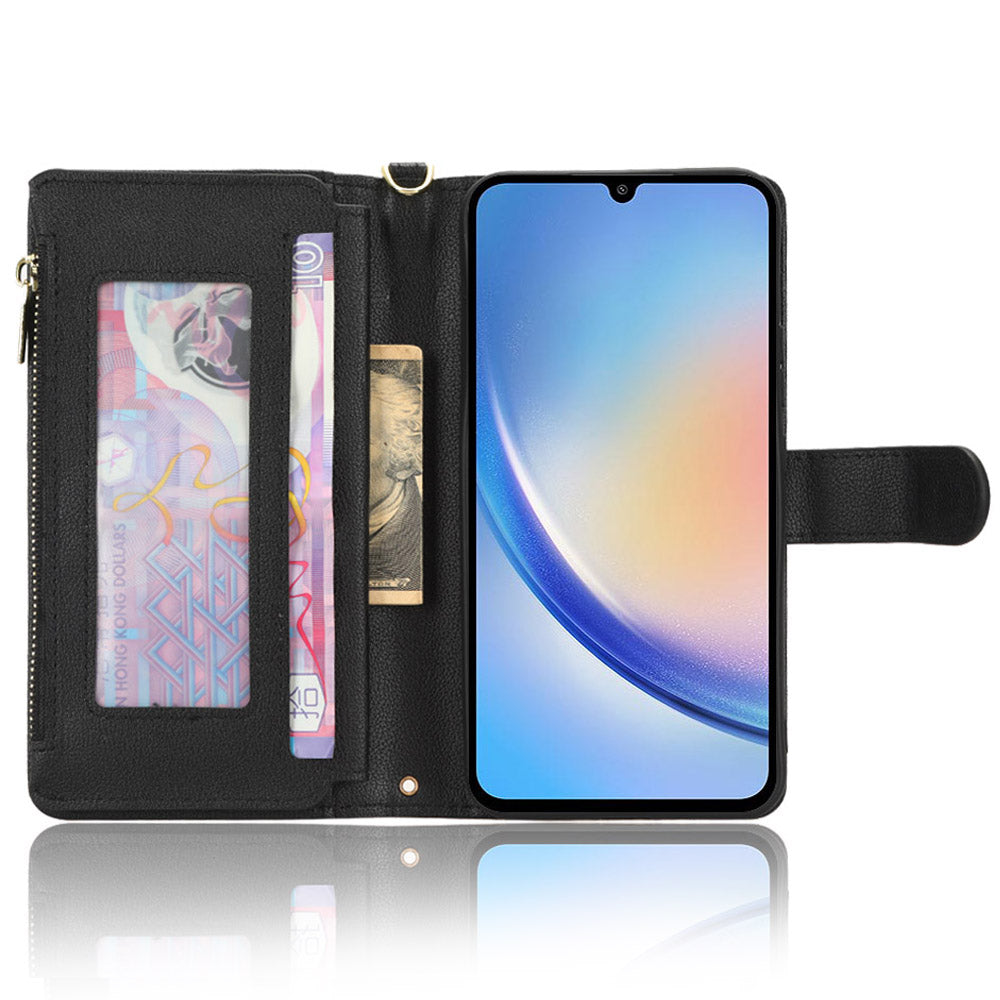 For Samsung Galaxy A34 5G Zipper Pocket Phone Wallet Case Cellphone Cover with 2 Straps
