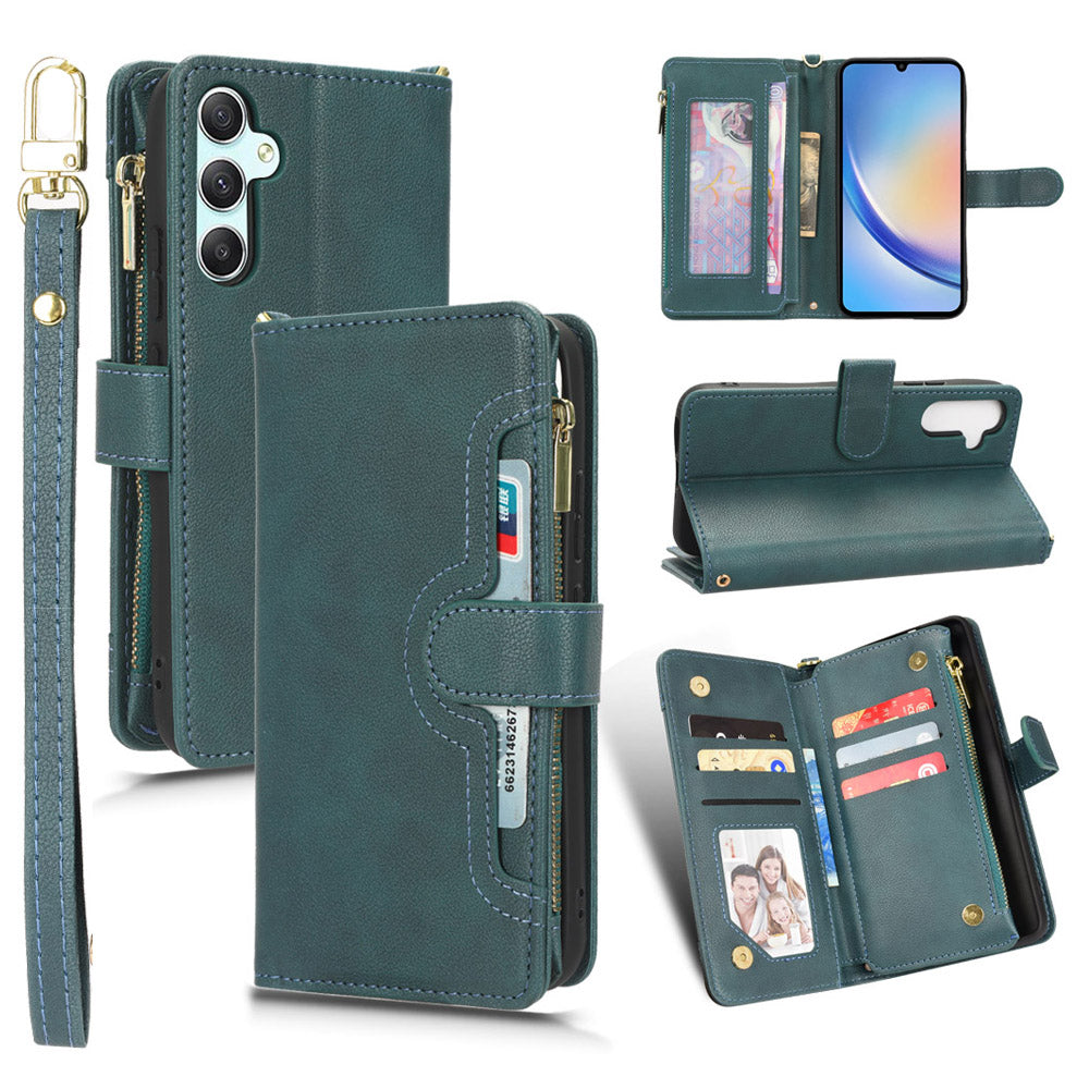 For Samsung Galaxy A34 5G Zipper Pocket Phone Wallet Case Cellphone Cover with 2 Straps