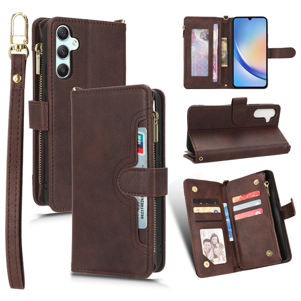 For Samsung Galaxy A34 5G Zipper Pocket Phone Wallet Case Cellphone Cover with 2 Straps