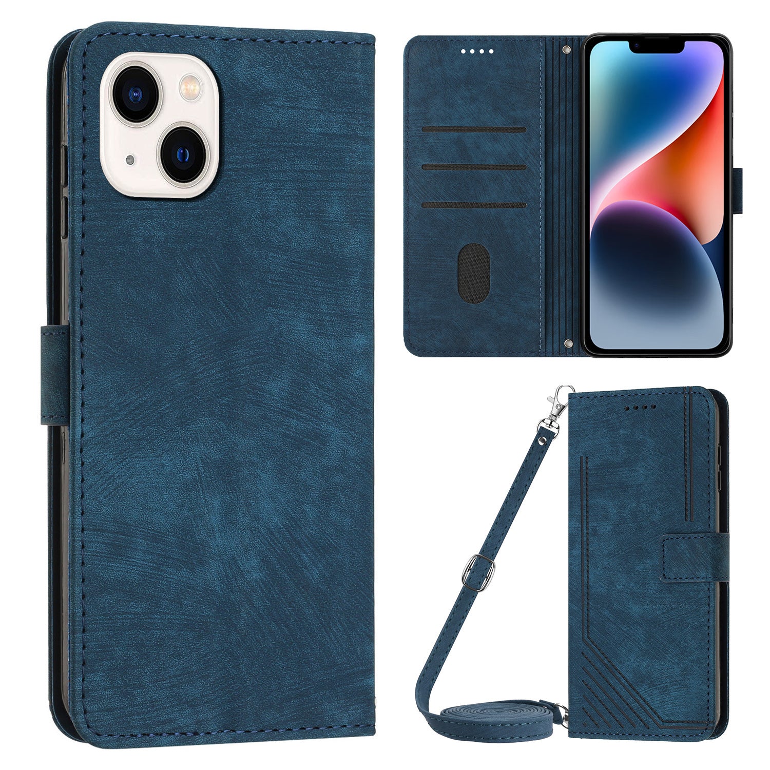 For iPhone 14 Plus Flip Folio Cover PU Leather Lines Imprinted Stand Crossbody Wallet Phone Case