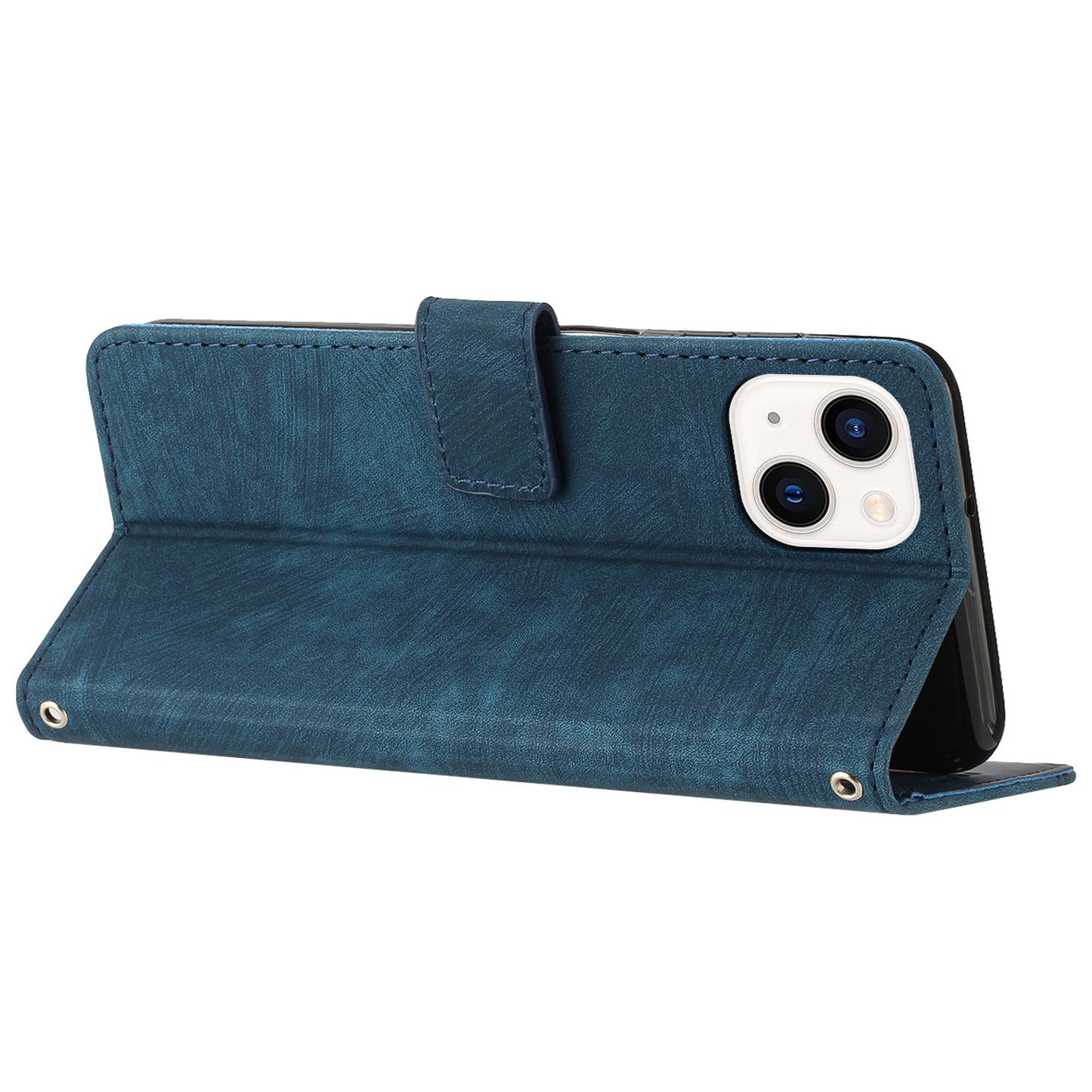 For iPhone 14 Plus Flip Folio Cover PU Leather Lines Imprinted Stand Crossbody Wallet Phone Case