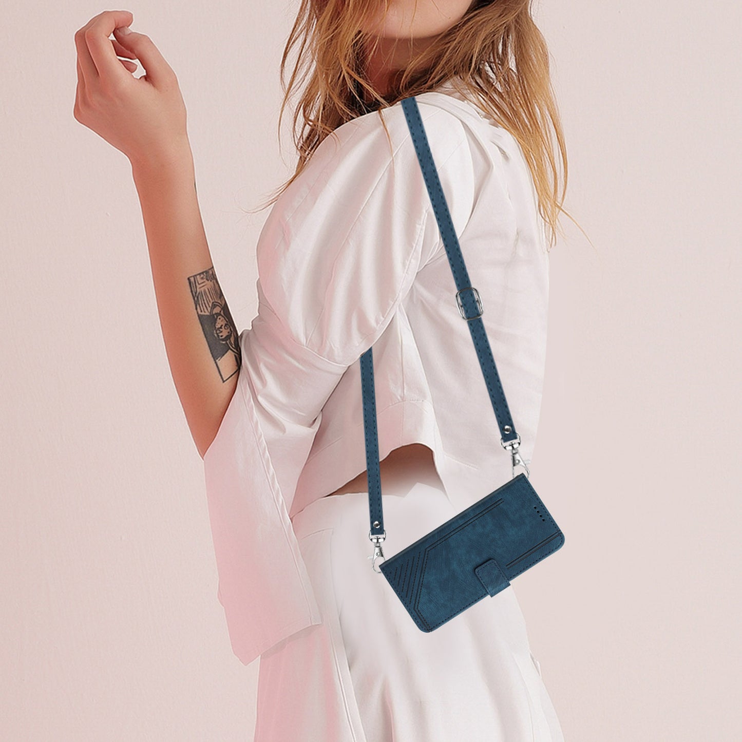 For iPhone 14 Plus Flip Folio Cover PU Leather Lines Imprinted Stand Crossbody Wallet Phone Case