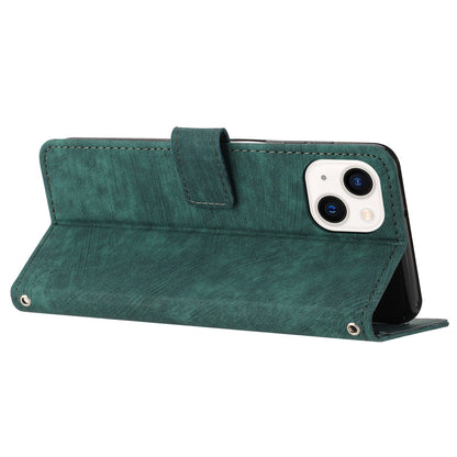 For iPhone 14 Plus Flip Folio Cover PU Leather Lines Imprinted Stand Crossbody Wallet Phone Case