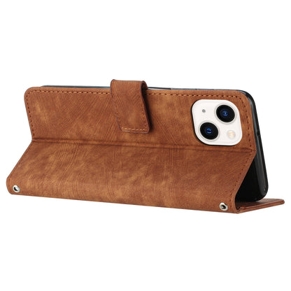 For iPhone 14 Plus Flip Folio Cover PU Leather Lines Imprinted Stand Crossbody Wallet Phone Case