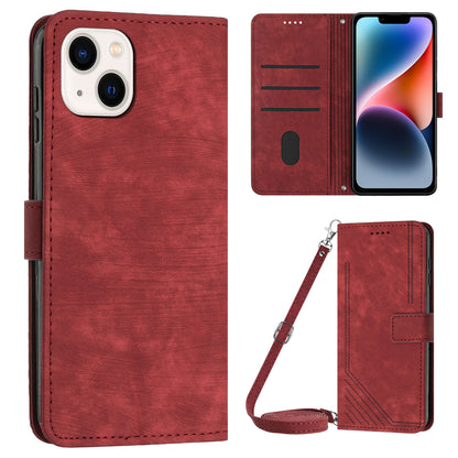 For iPhone 14 Plus Flip Folio Cover PU Leather Lines Imprinted Stand Crossbody Wallet Phone Case