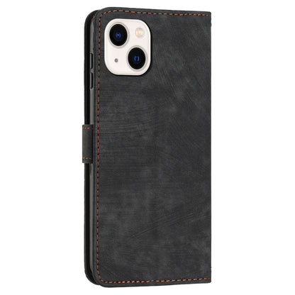 For iPhone 14 Plus Flip Folio Cover PU Leather Lines Imprinted Stand Crossbody Wallet Phone Case