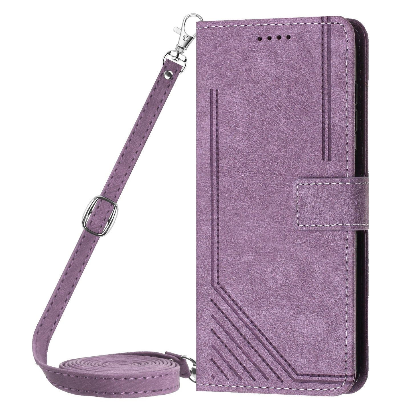 For iPhone 14 Plus Flip Folio Cover PU Leather Lines Imprinted Stand Crossbody Wallet Phone Case