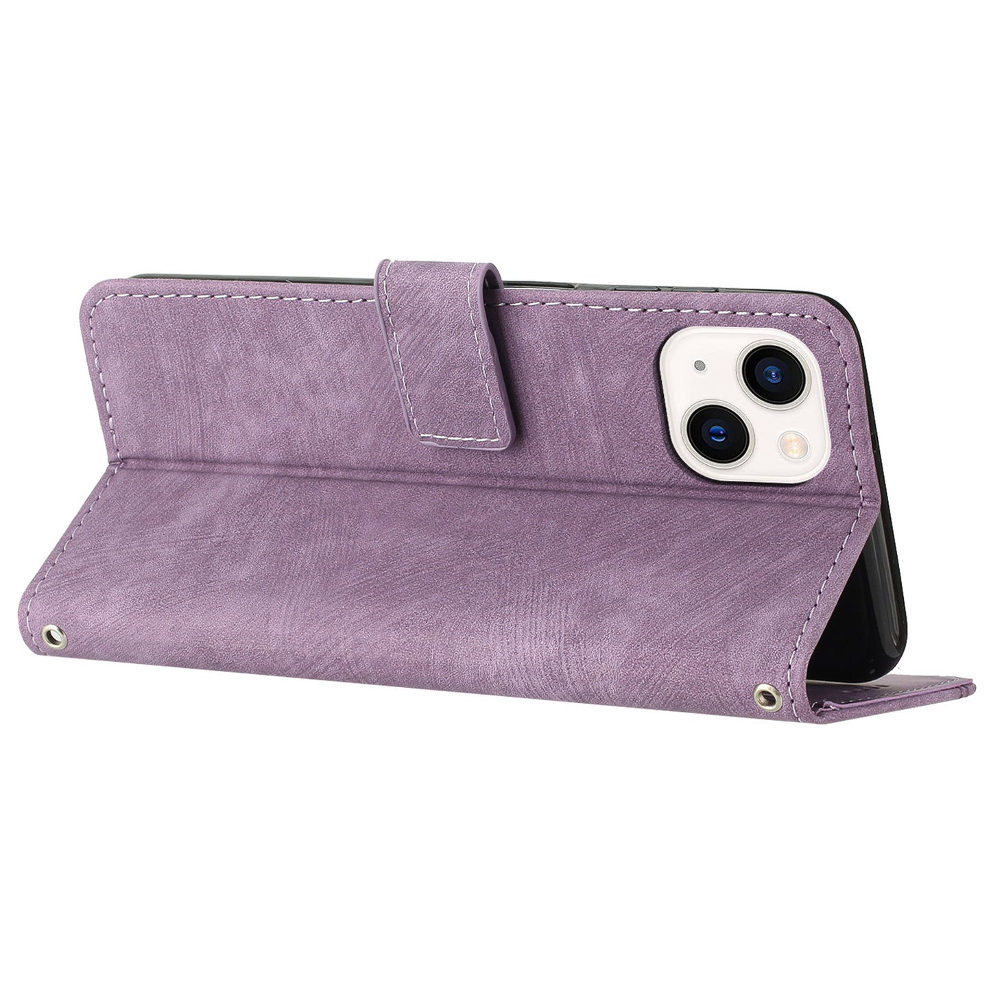 For iPhone 14 Plus Flip Folio Cover PU Leather Lines Imprinted Stand Crossbody Wallet Phone Case