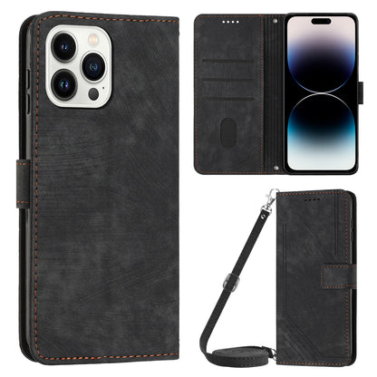 For iPhone 14 Pro PU Leather Skin-touch Protective Cover Lines Imprinted Wallet Stand Folio Phone Case