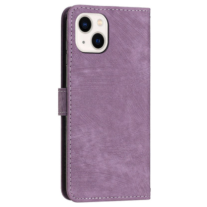 For iPhone 14 / 13 6.1 inch PU Leather Phone Case Stand Lines Imprinted Skin-touch Wallet Cover