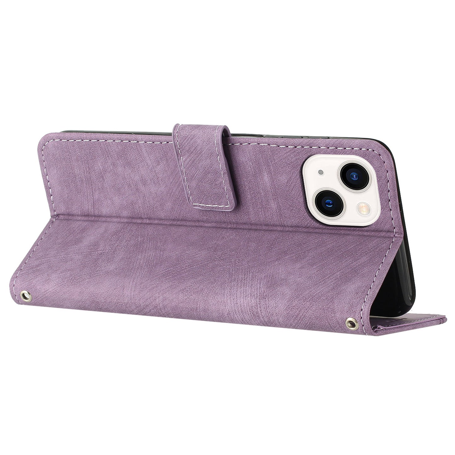 For iPhone 14 / 13 6.1 inch PU Leather Phone Case Stand Lines Imprinted Skin-touch Wallet Cover
