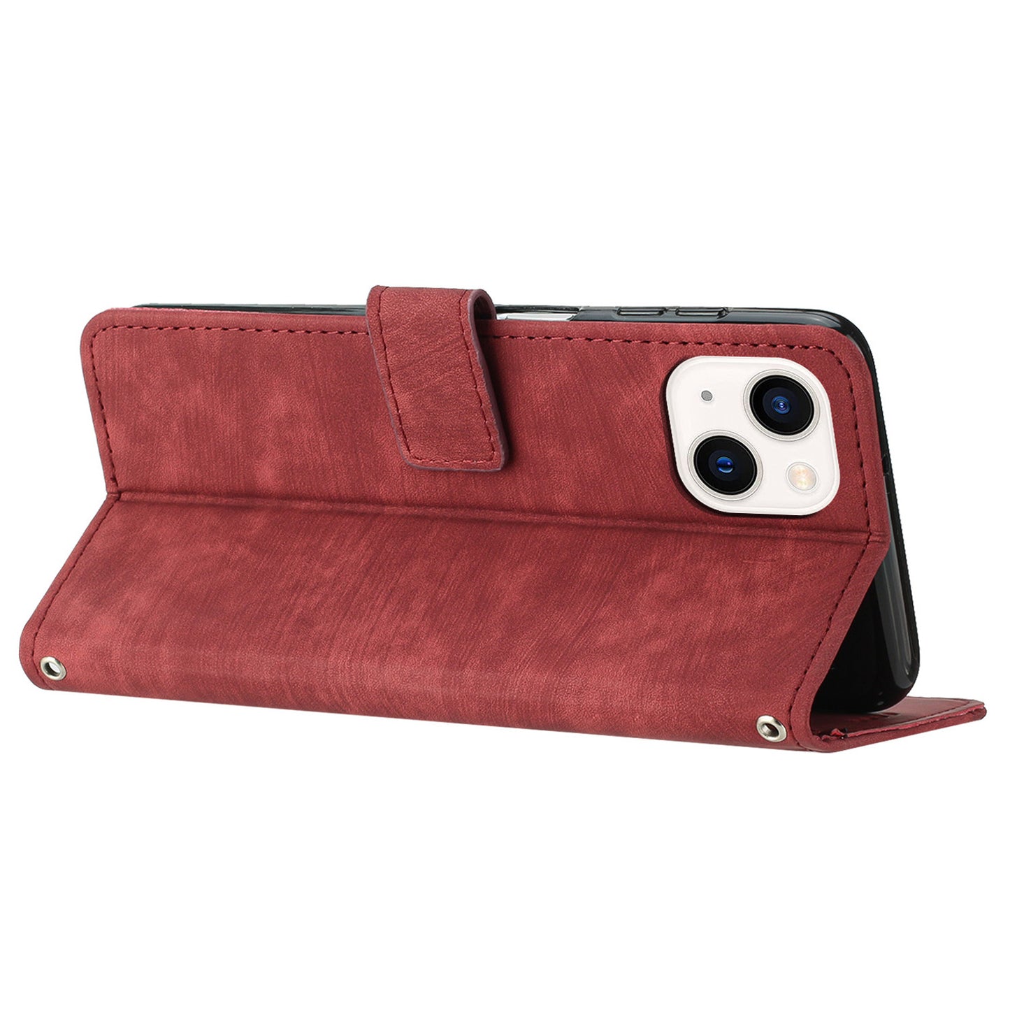 For iPhone 14 / 13 6.1 inch PU Leather Phone Case Stand Lines Imprinted Skin-touch Wallet Cover
