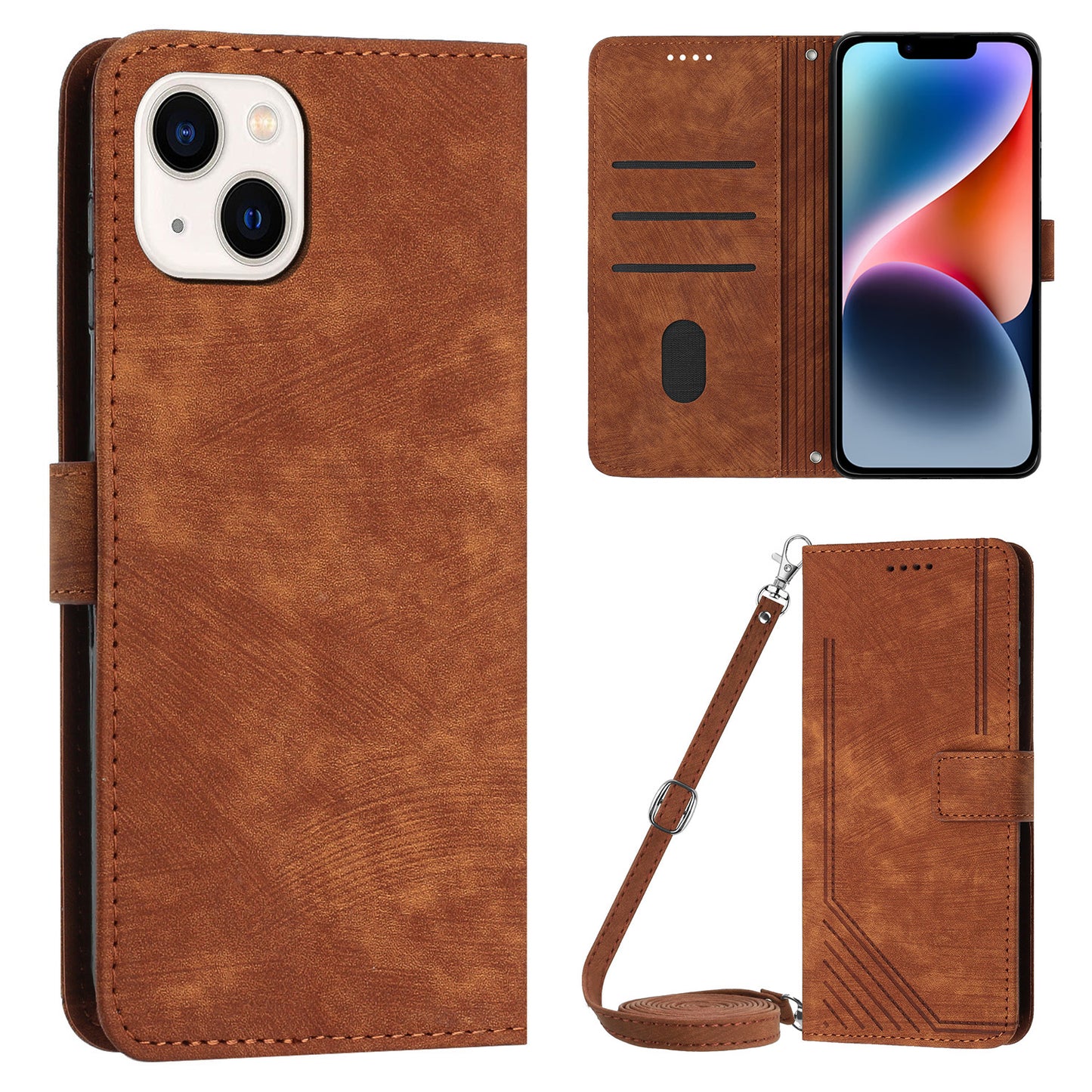 For iPhone 14 / 13 6.1 inch PU Leather Phone Case Stand Lines Imprinted Skin-touch Wallet Cover