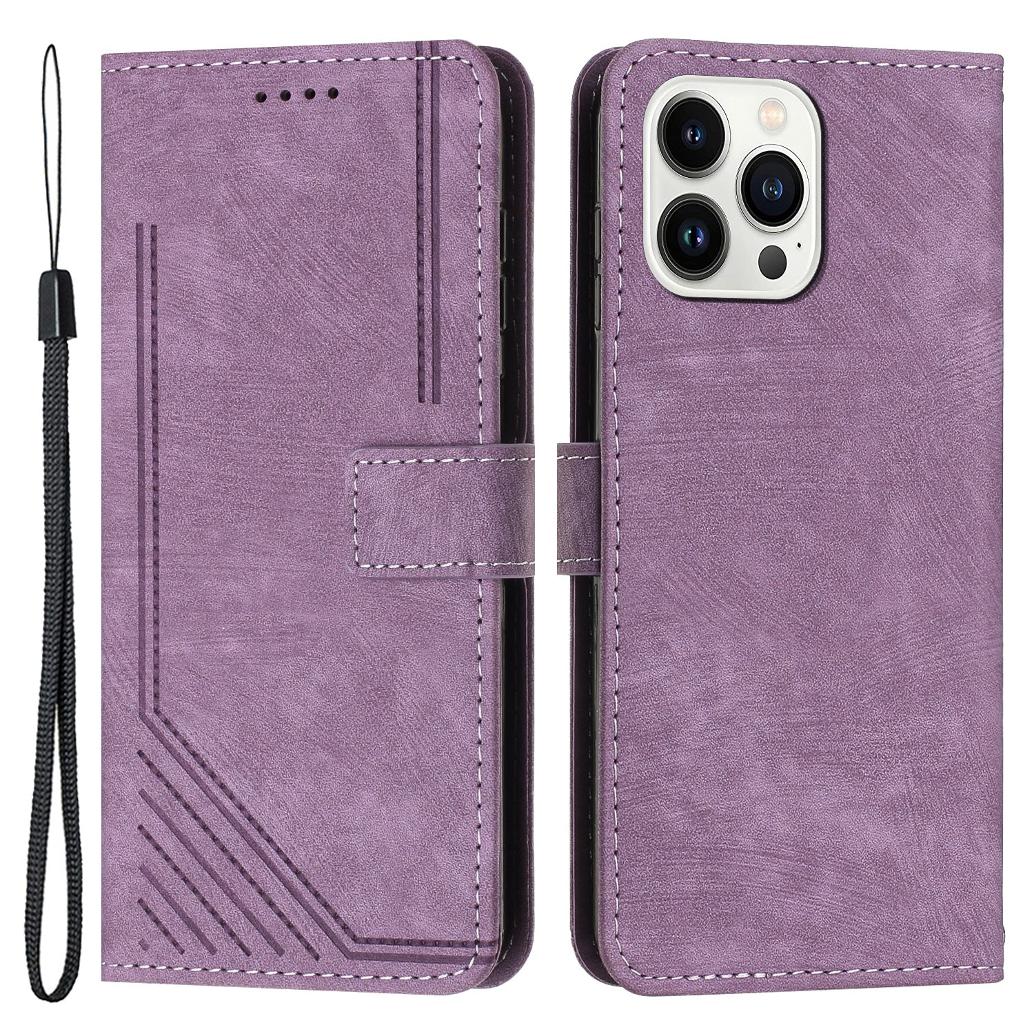For iPhone 14 Pro Max Phone Stand Case Skin-touch PU Leather Lines Imprinted Wallet Cover