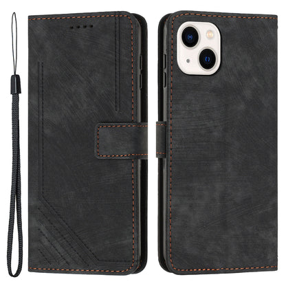 For iPhone 14 Plus PU Leather Phone Stand Case Skin-touch Wallet Lines Imprinted Cover