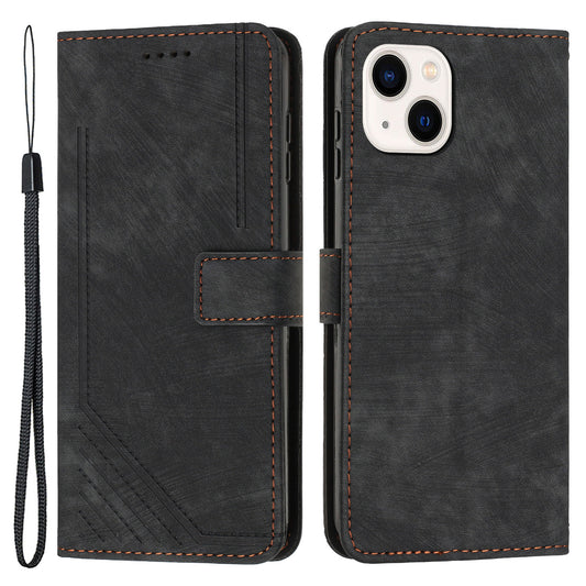 For iPhone 14 Plus PU Leather Phone Stand Case Skin-touch Wallet Lines Imprinted Cover