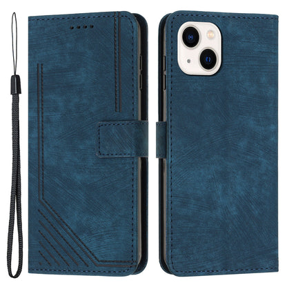 For iPhone 14 Plus PU Leather Phone Stand Case Skin-touch Wallet Lines Imprinted Cover