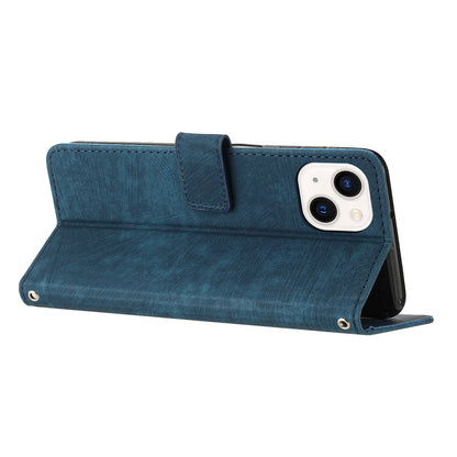 For iPhone 14 Plus PU Leather Phone Stand Case Skin-touch Wallet Lines Imprinted Cover