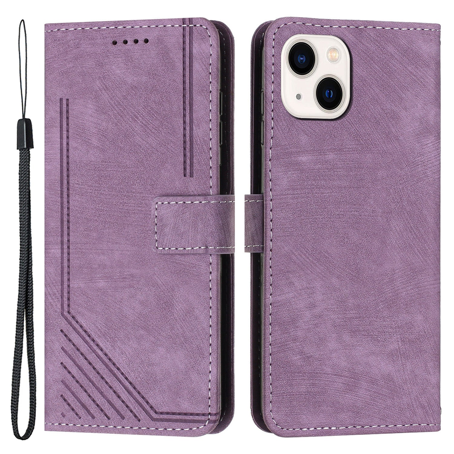 For iPhone 14 Plus PU Leather Phone Stand Case Skin-touch Wallet Lines Imprinted Cover