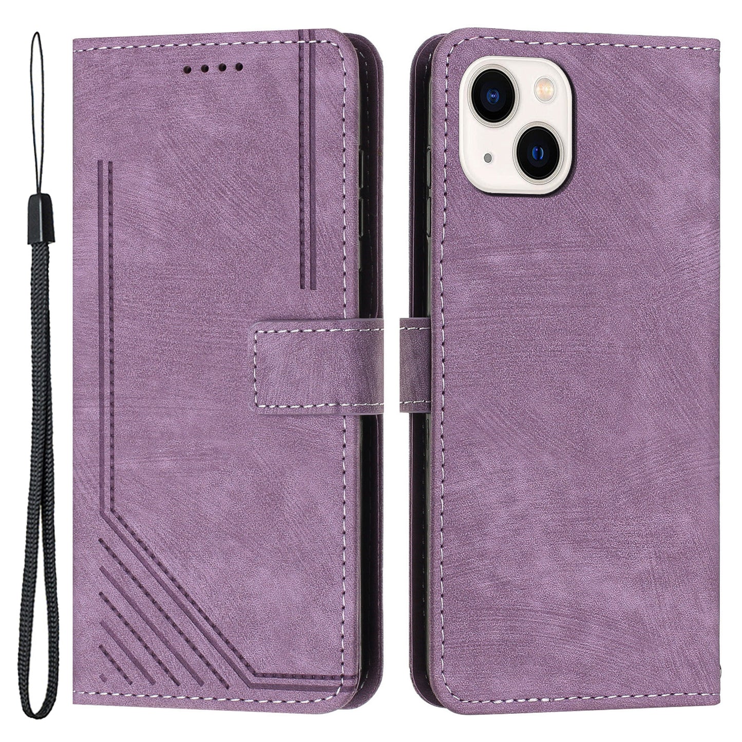 For iPhone 13 mini Stand Wallet PU Leather Phone Case Skin-touch Lines Imprinted Cover