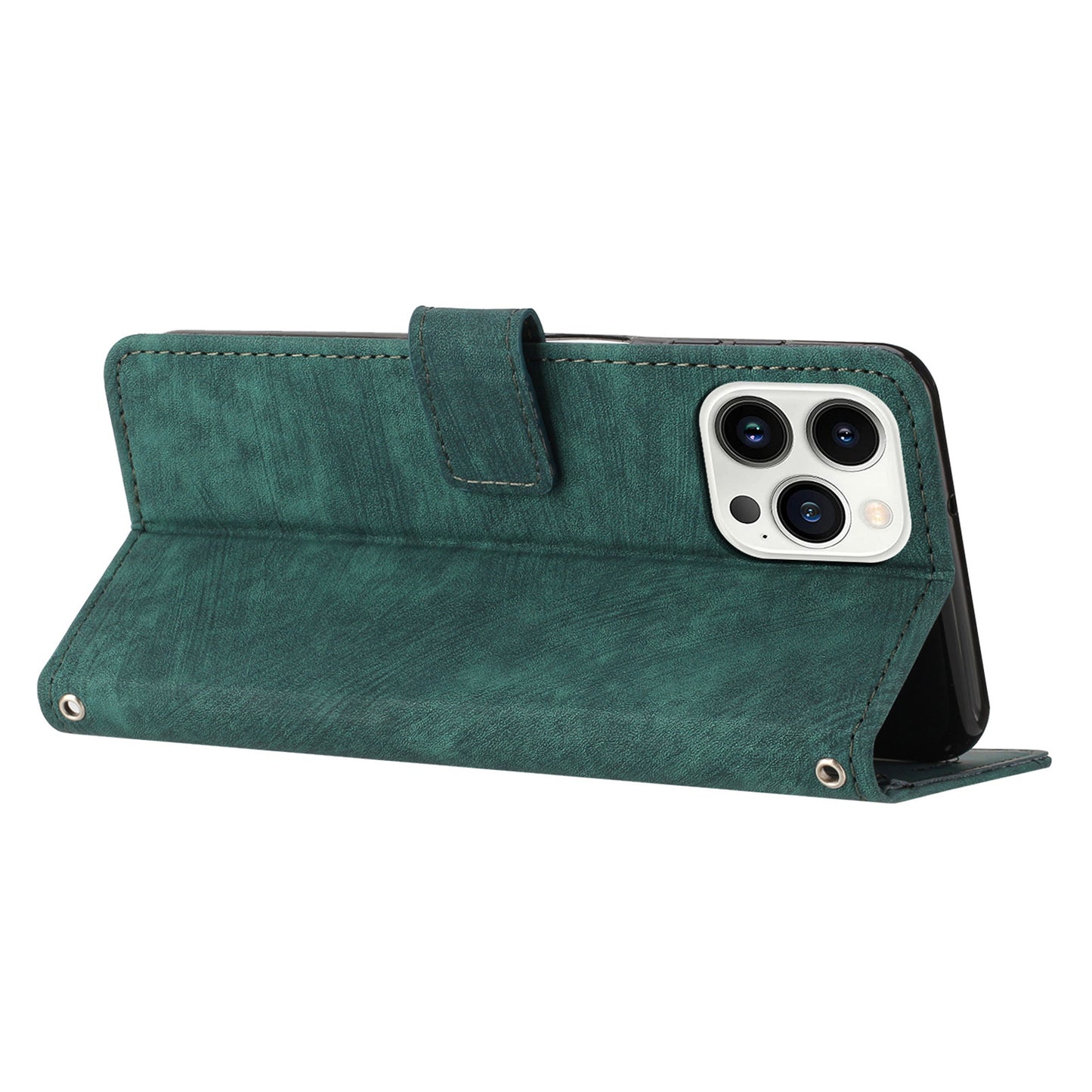 For iPhone 13 Pro Max Skin-touch Leather Case Stand Lines Imprinted Phone Wallet Cover