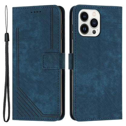 For iPhone 13 Pro Max Skin-touch Leather Case Stand Lines Imprinted Phone Wallet Cover