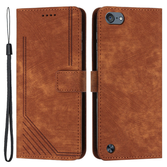 For iPod Touch 5 / 6 / (2019) Phone Case PU Leather Stand Wallet Skin-touch Lines Imprinted Cover