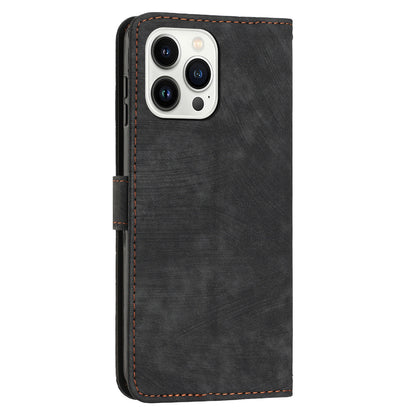 For iPhone 13 Pro Max 6.7 inch PU Leather Wallet Case Lines Imprinted Stand Phone Cover with Long Strap