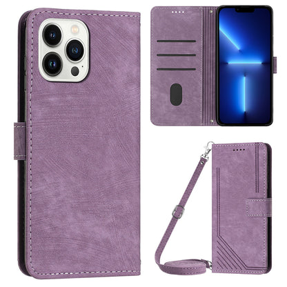 For iPhone 13 Pro Max 6.7 inch PU Leather Wallet Case Lines Imprinted Stand Phone Cover with Long Strap