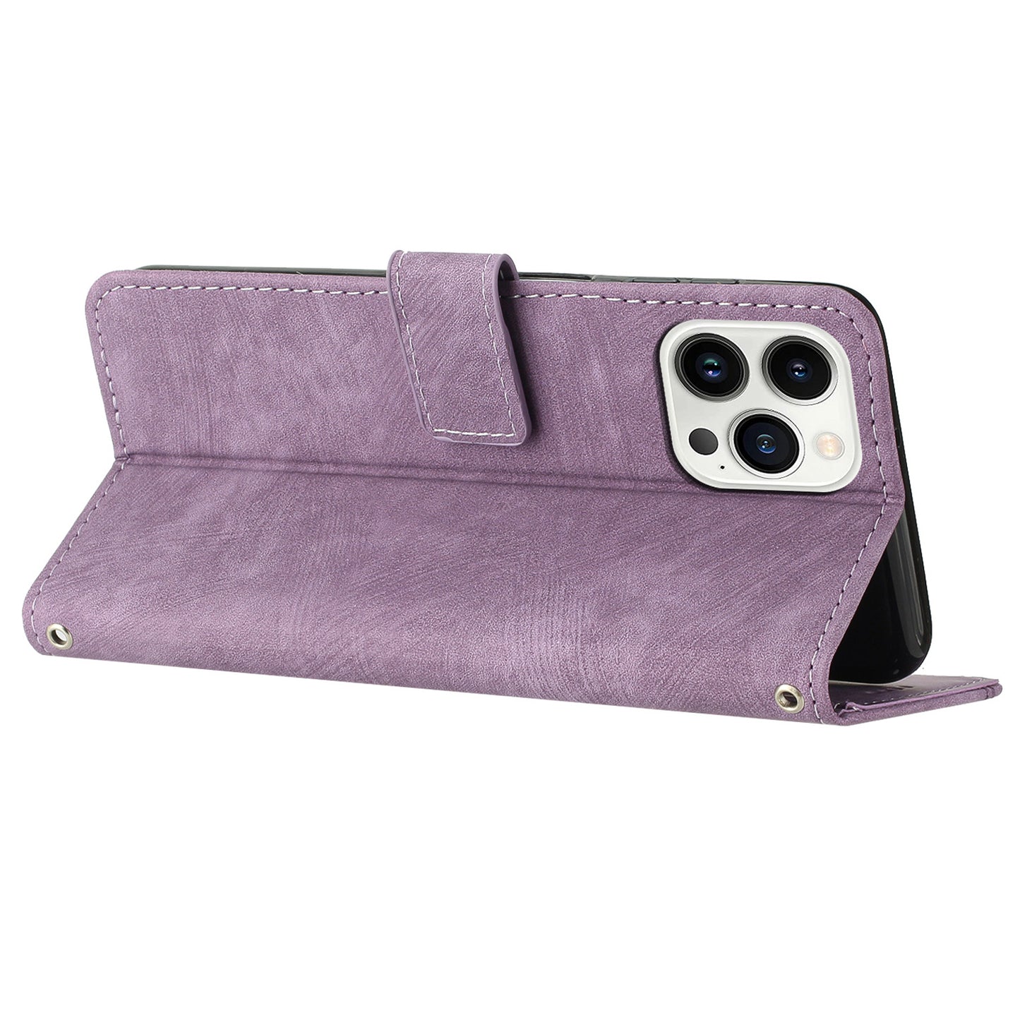 For iPhone 13 Pro Max 6.7 inch PU Leather Wallet Case Lines Imprinted Stand Phone Cover with Long Strap