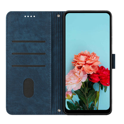 For iPhone 13 Pro Max 6.7 inch PU Leather Wallet Case Lines Imprinted Stand Phone Cover with Long Strap