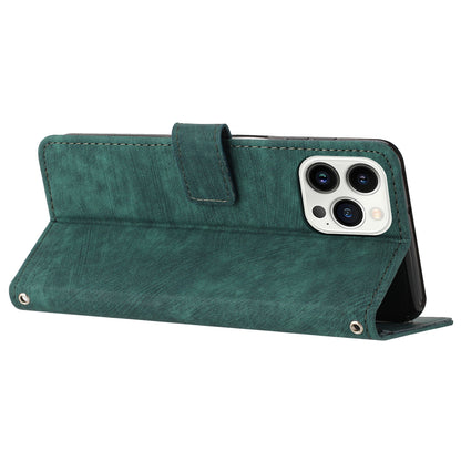 For iPhone 13 Pro Max 6.7 inch PU Leather Wallet Case Lines Imprinted Stand Phone Cover with Long Strap