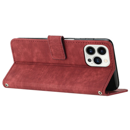 For iPhone 14 Pro Max Wallet Phone Case PU Leather Stand Lines Imprinted Phone Cover with Shoulder Strap