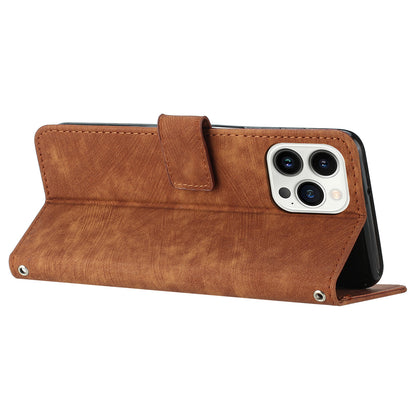 For iPhone 14 Pro Max Wallet Phone Case PU Leather Stand Lines Imprinted Phone Cover with Shoulder Strap