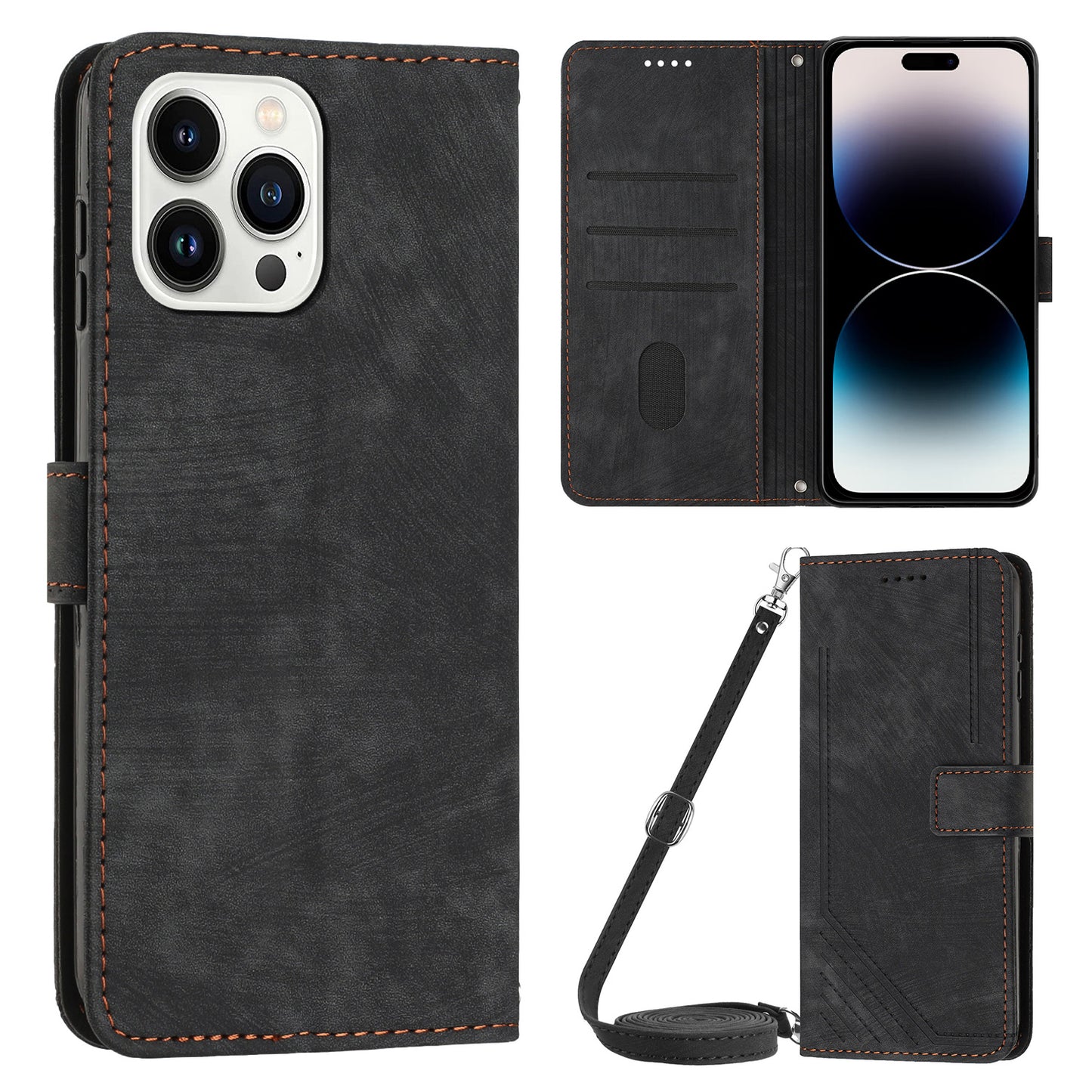 For iPhone 14 Pro Max Wallet Phone Case PU Leather Stand Lines Imprinted Phone Cover with Shoulder Strap