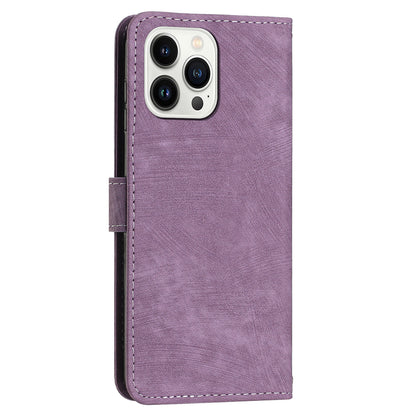 For iPhone 14 Pro Max Wallet Phone Case PU Leather Stand Lines Imprinted Phone Cover with Shoulder Strap