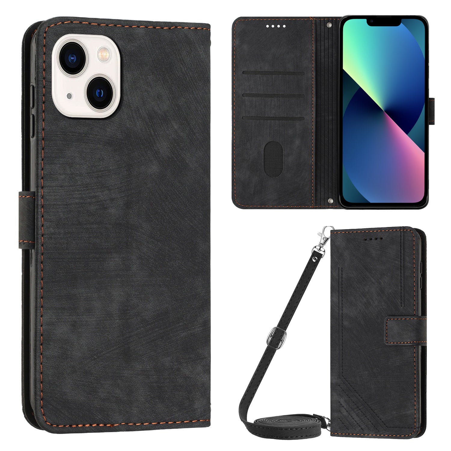 For iPhone 13 mini 5.4 inch PU Leather Flip Folio Case Lines Imprinted Stand Wallet Phone Cover